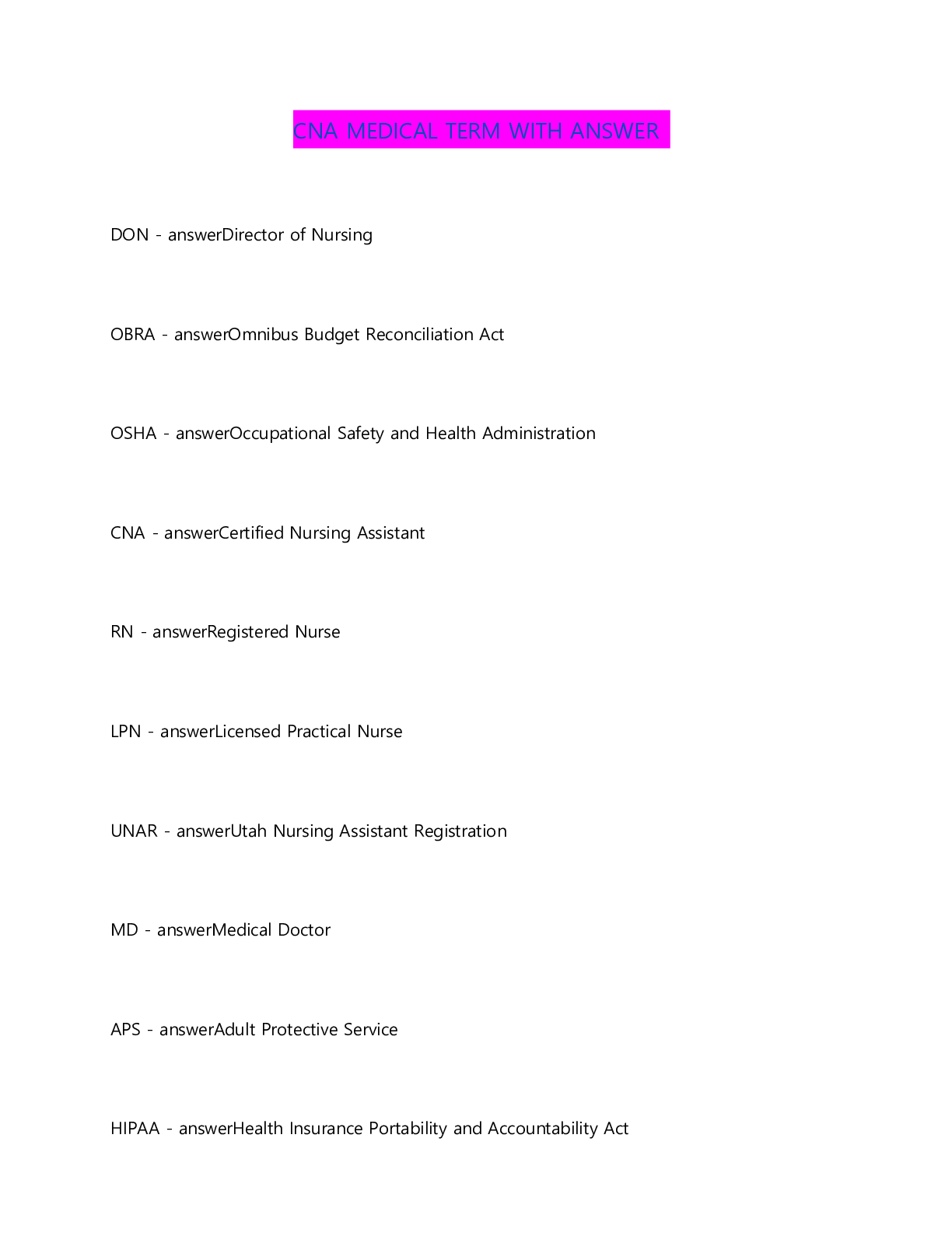 CNA MEDICAL TERM WITH ANSWER Browsegrades